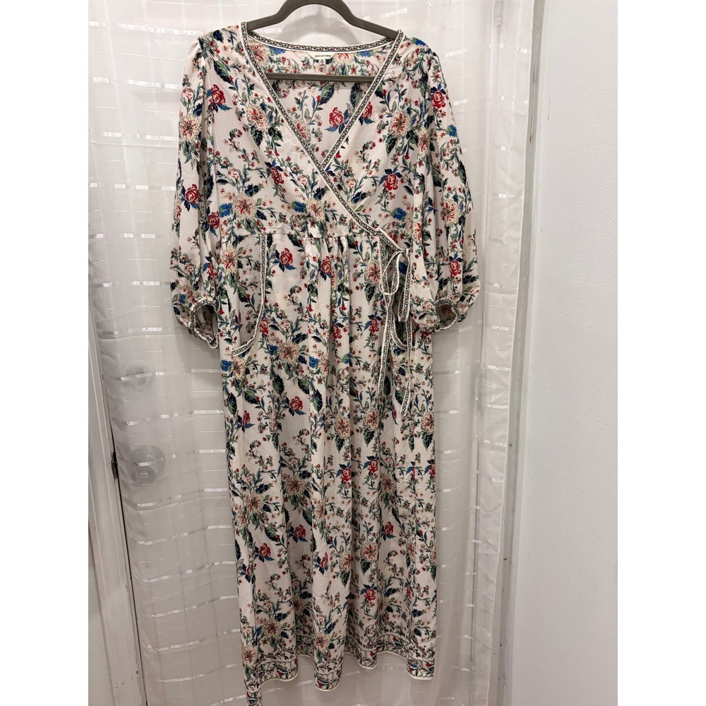 Max Studio Floral Wrap Midi Dress White Red Blue Puff Sleeve Pockets 4910C69 M
